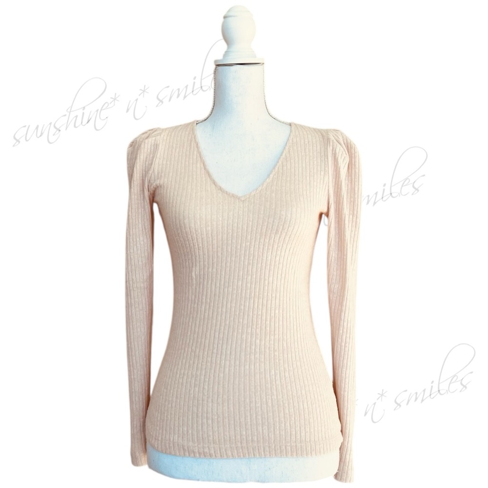 J.Crew JCREW XS Soft Ribbed Puff Sleeve V-Neck Sweater WARM ALMOND Ivory Cream